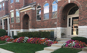 Photo is a brick townhouse front gardenscape with colorful beds of Beacon.