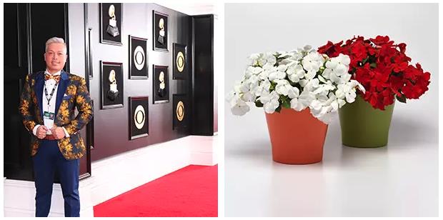 Tu Bloom stands in front of the GRAMMYS step-and-repeat red carpet.